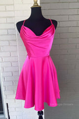 Cowl Neck Short Pink Prom Dresses, Short Pink Graduation Homecoming Dresses