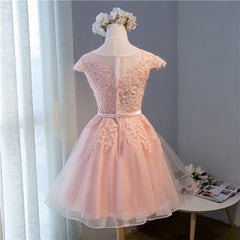 Custom Pink Lovely Cap Sleeves Knee Length Formal Dress, Pink Tulle Prom Dress