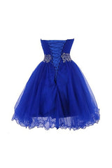 Cute Blue Sweetheart Tulle Cocktail Dress Homecoming Dress With Beading, Short Prom Dress