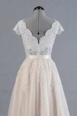 Cute Cap Sleeve V-neck Lace Tulle Wedding Dress