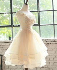Cute Champagne Organza Layers Knee Length Homecoming Dress with Lace, Short Prom Dress