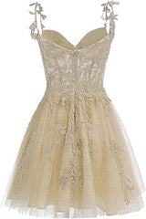 Cute Champagne Tulle Short Lace Homecoming Dress, Sweetheart Knee Length Party Dress