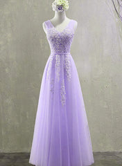 Cute Light Purple Tulle with Lace V-neckline Prom Dress, Long Evening Gown Formal Dress