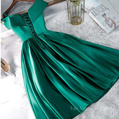 Cute Off Shoulder Green Satin Short Prom Dresses, Off the Shoulder Green Homecoming Dresses, Green Formal Evening Dresses
