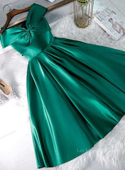 Cute Off Shoulder Green Satin Short Prom Dresses, Off the Shoulder Green Homecoming Dresses, Green Formal Evening Dresses