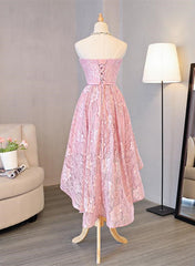 Cute Pink High Low Lace Scoop Homecoming Dress, Pink Short Prom Dress