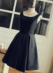 Cute Short Black Satin Knee Length Homecoming Dress, Black Party Dress