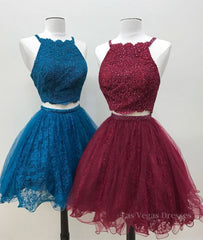Cute two pieces lace tulle beads short prom dress, lace homecoming dress