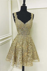 Cute V Neck Golden Lace Short Prom Dresses, Golden Lace Homecoming Dresses, Golden Formal Evening Dresses