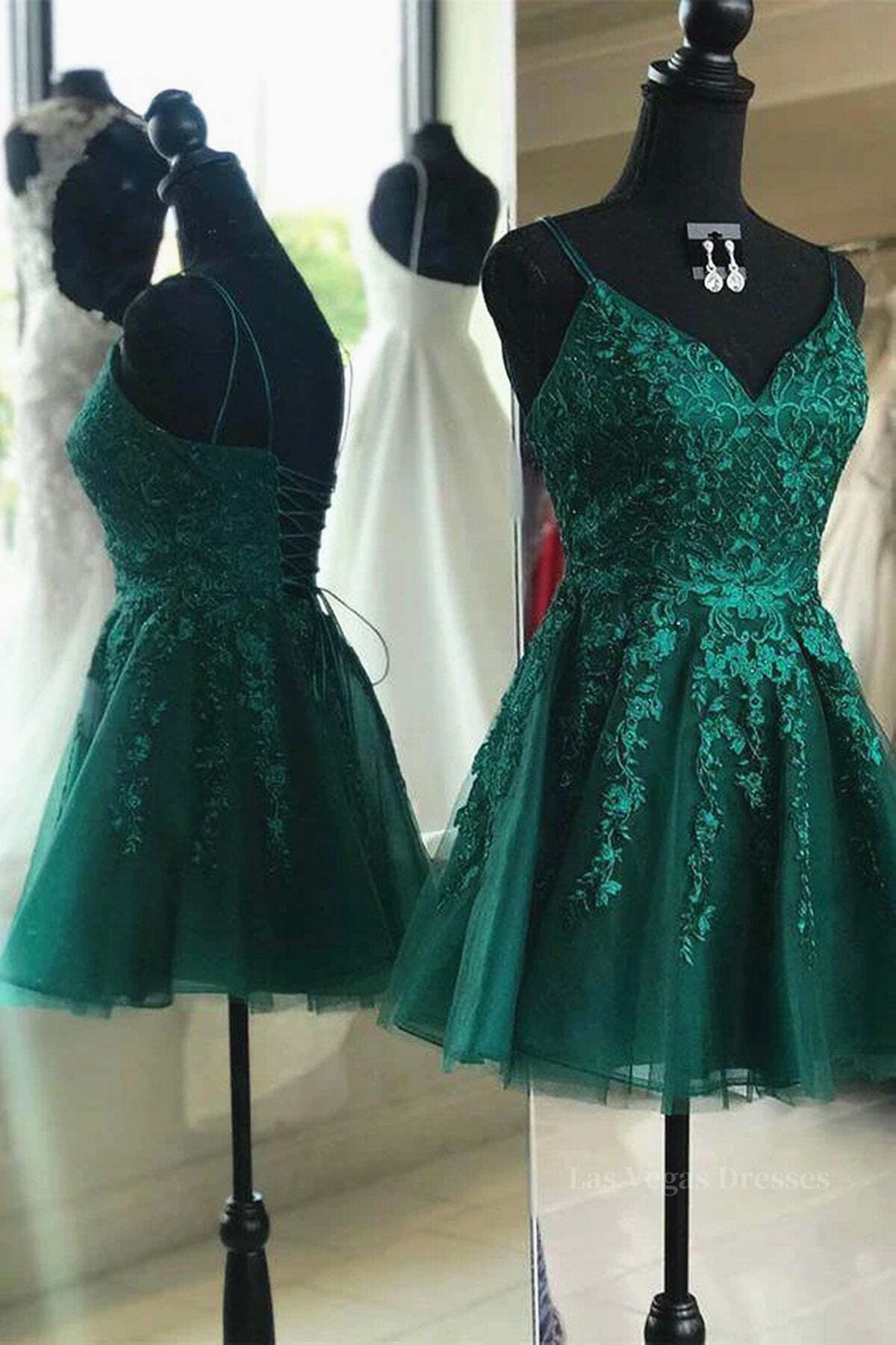 Cute V Neck Green Lace Short Prom Homecoming Dresses, Green Lace Formal Dresses, Green Evening Dresses