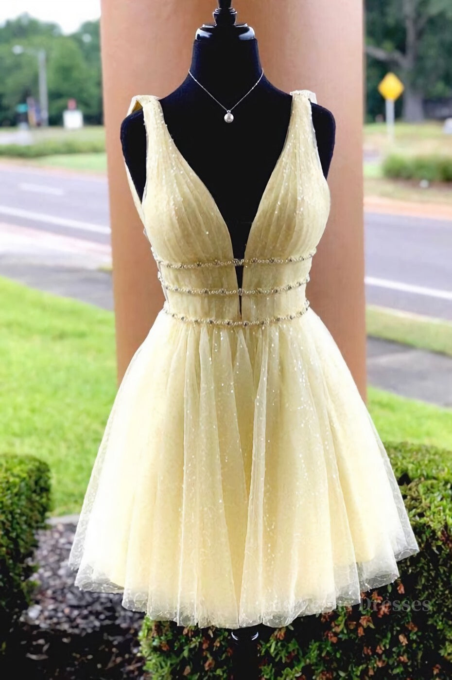 Cute yellow tulle short prom dress, yellow homecoming dress