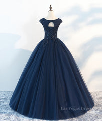 Dark blue round neck tulle lace long prom dress, blue tulle lace evening dress