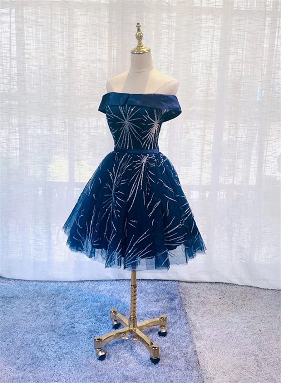 Dark Blue Tulle Off Shoulder Knee Length Party Dress, Blue Homecoming Dresses