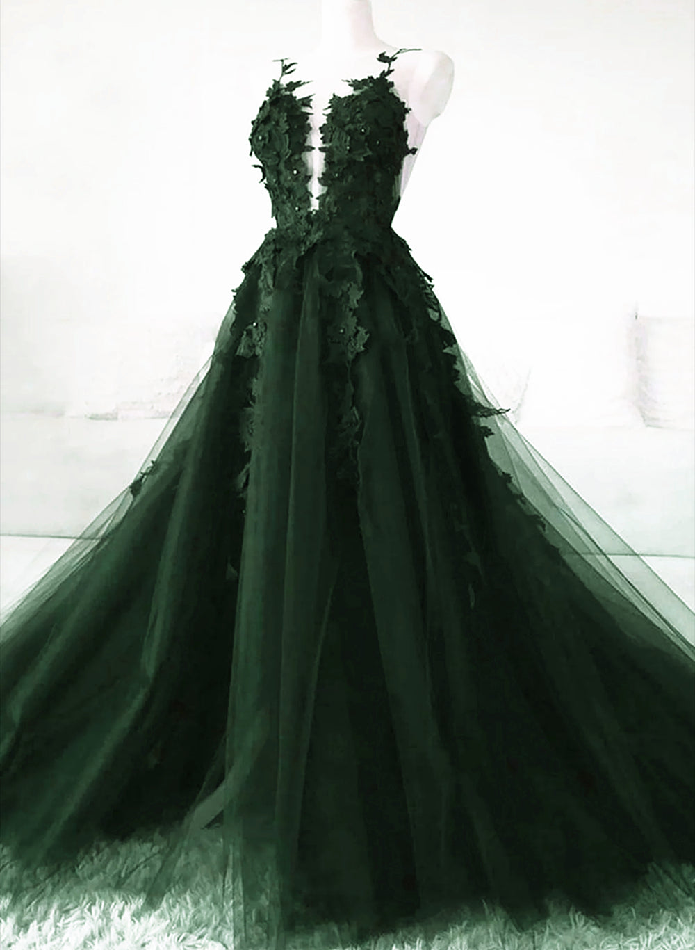 Dark Green A-Line Open Back Tulle Lace Floral Formal Dress, Green Long Prom Dress