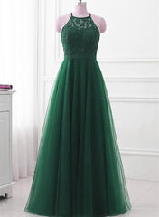 Dark Green Cross Back Tulle Halter Long Party Dress, A-line Junior Prom Dress