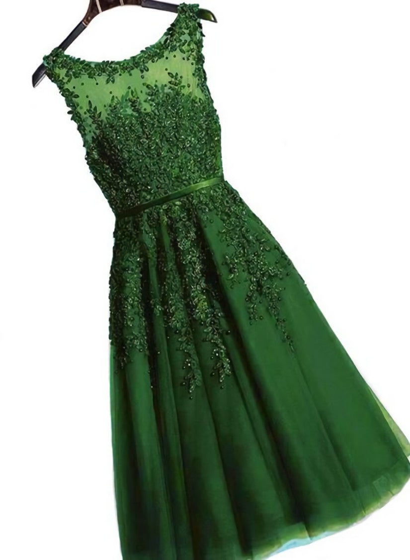 Dark Green Round Neckline Tea Length Lace Party Dress, Wedding Party Dress