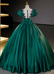 Dark Green Satin Ball Gown Sweet 16 Dress, Green Long Formal Dress Party Dress
