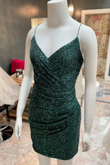 Dark Green Sequin Spaghetti Straps Ruched Cocktail Dress,Mini Prom Dresses