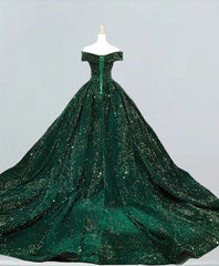 Dark Green Sequins Off Shoulder Ball Gown Sweet 16 Dress, Dark Green Prom Dress