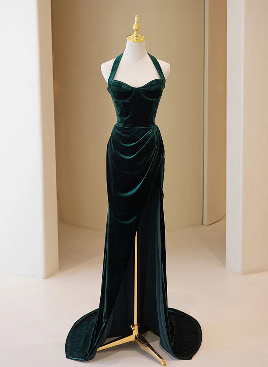 Dark Green Velvet Long Evening Dress Party Dress, A-line Green Bridesmaid Dress
