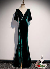 Dark Green Velvet Mermaid Slit V-neckline Formal Dress Party Dress, Long Evening Dresses