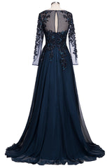 Dark Navy Long A-line Jewel Tulle Formal Evening Dresses with Sleeves