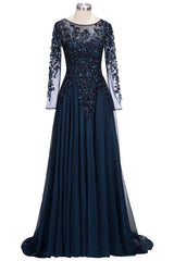 Dark Navy Long A-line Jewel Tulle Formal Evening Dresses with Sleeves