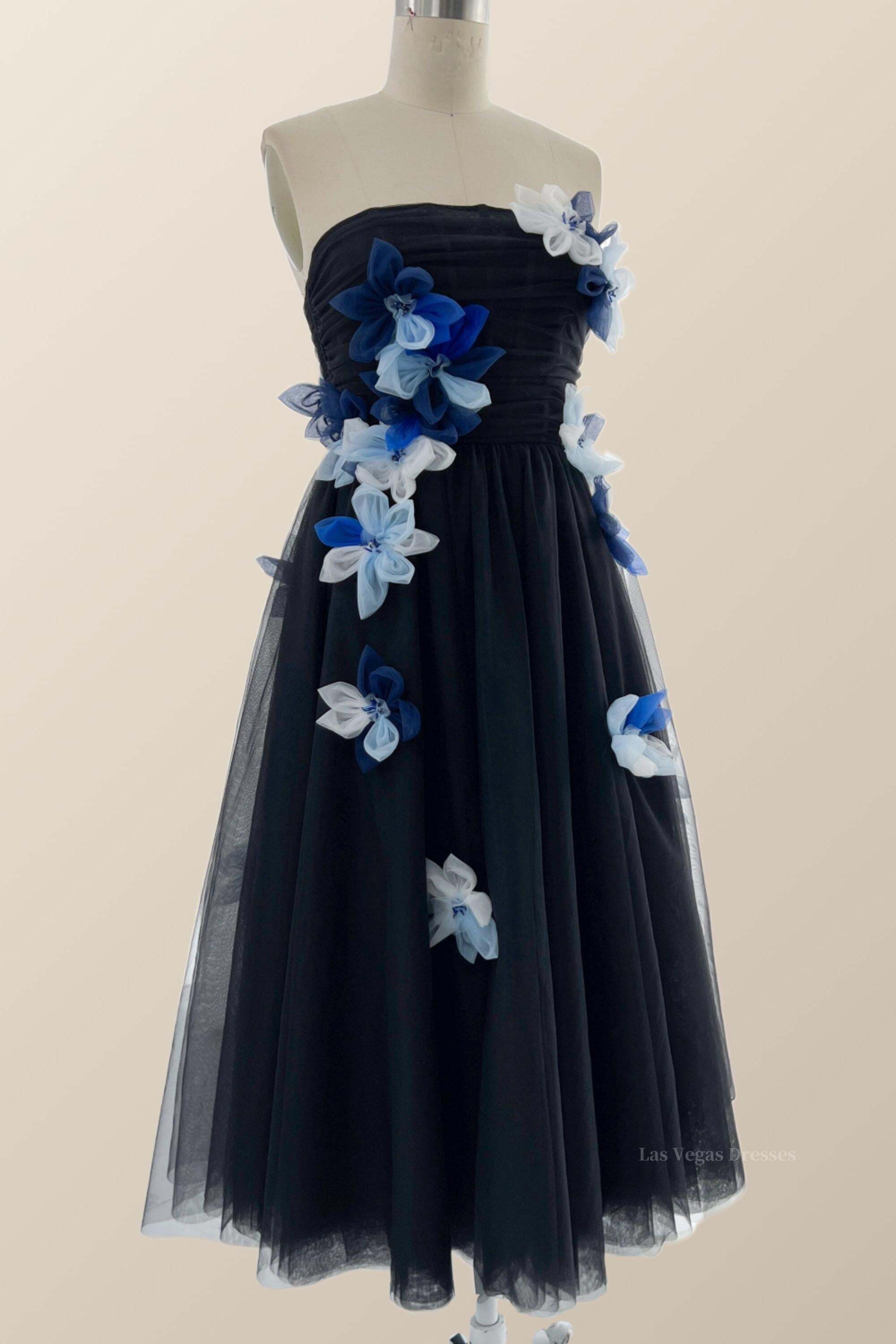Dark Navy Strapless Midi Dress with Flowers