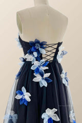 Dark Navy Strapless Midi Dress with Flowers