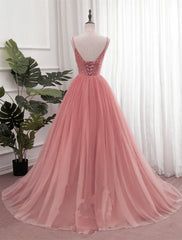 Dark Pink Sequins V-neckline Straps Long Evening Dress, Tulle Pink Prom Dress
