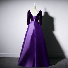 Dark Purple Long Sleeves V-neckline Velvet and satin Long Party Dress, Long Evening Dress Prom Dress