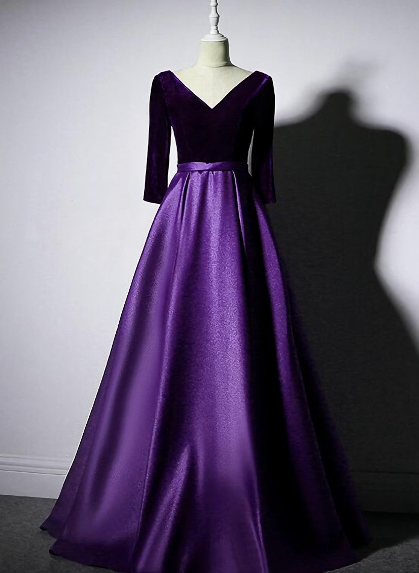 Dark Purple Long Sleeves V-neckline Velvet and satin Long Party Dress, Long Evening Dress Prom Dress