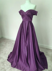 Dark Purple Satin Off Shoulder Long Formal Dress, Purple Evening Dress Prom Dress