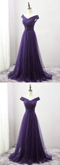 Dark Purple Sweetheart Tulle Off Shoulder Bridesmaid Dress, Long Prom Dress