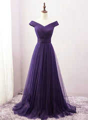 Dark Purple Sweetheart Tulle Off Shoulder Bridesmaid Dress, Long Prom Dress