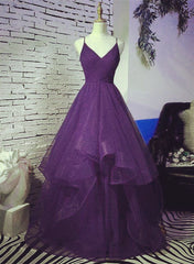 Dark Purple Tulle Layers Formal Gown, Purple Evening Party Dresses