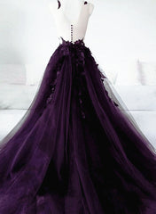 Dark Purple Tulle with Lace Applique Formal Dress, Purple Evening Dress