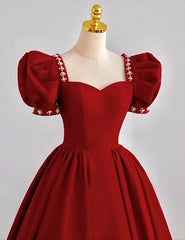 Dark Red Beaded Short Sleeves Tea Length Party Dress, Dark Red Formal Dress Prom Dress