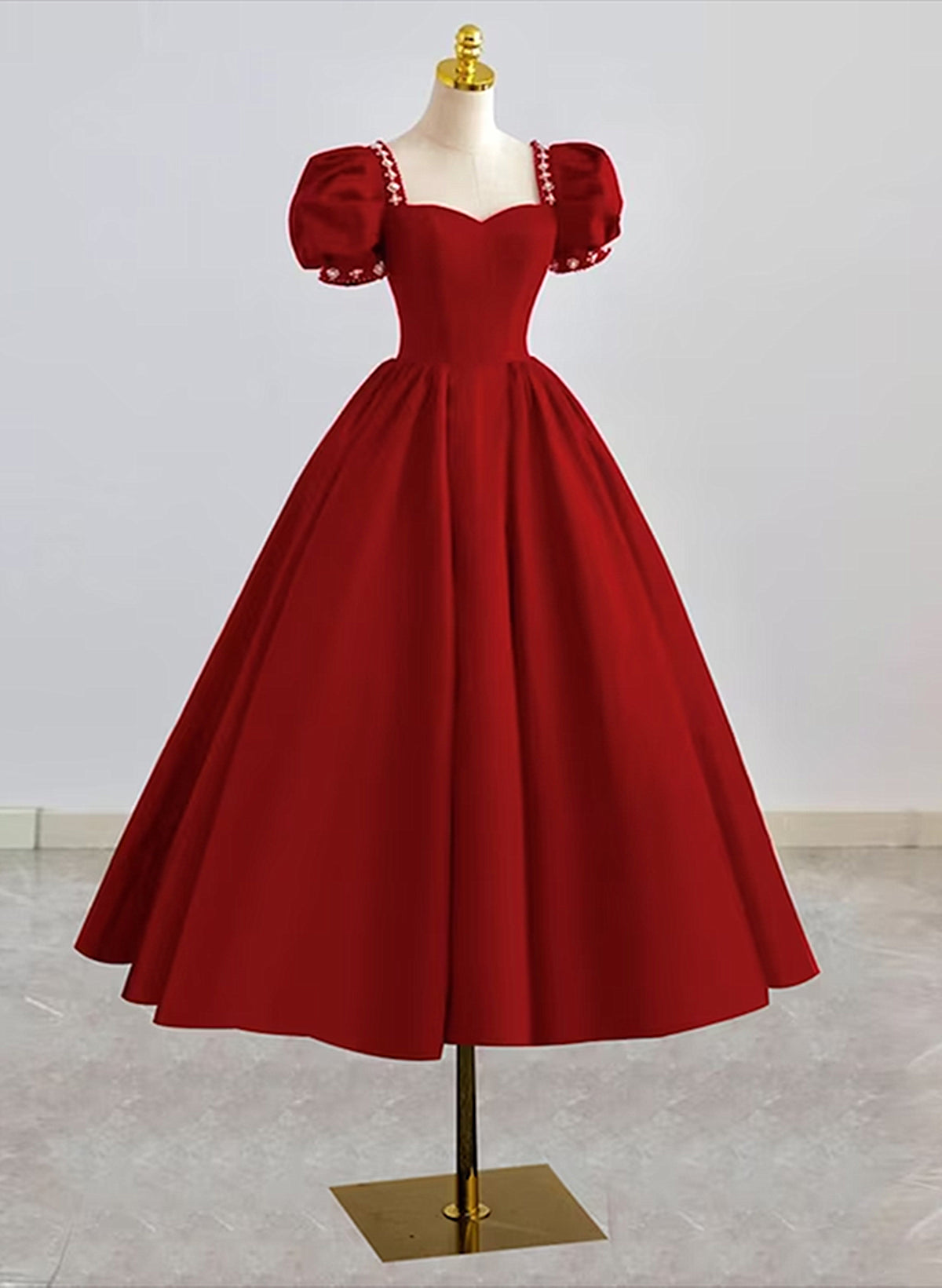 Dark Red Beaded Short Sleeves Tea Length Party Dress, Dark Red Formal Dress Prom Dress