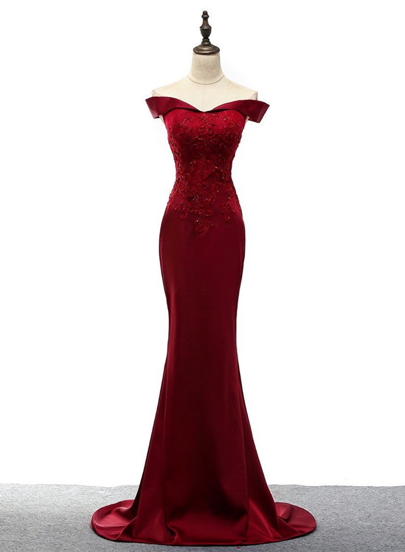 Dark Red Mermaid Satin Long Party Dress, Off Shoulder Evening Dress