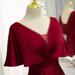 Dark Red Satin A-line Floor Length Evening Dress, Wine Red Wedding Party Dresses