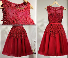 Dark Red Tulle Knee Length Party Dress, Wine Red Homecoming Dress