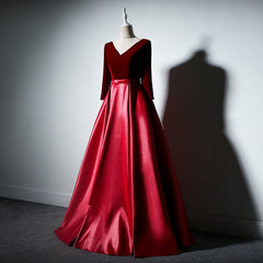 Dark Red Velvet and Satin V-neckline Long Prom Dresses Evening Dress, Red Bridesmaid Dresses