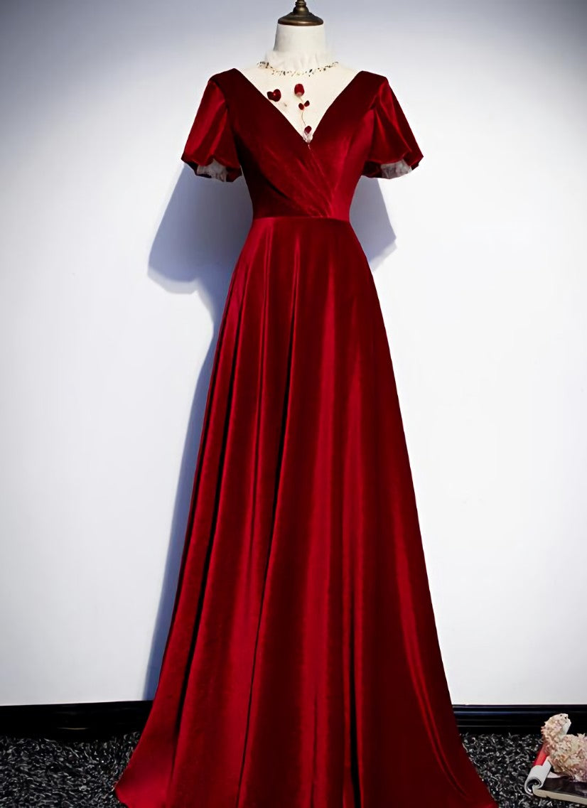Dark Red Velvet  Long Prom Dress, Charming Formal Gown