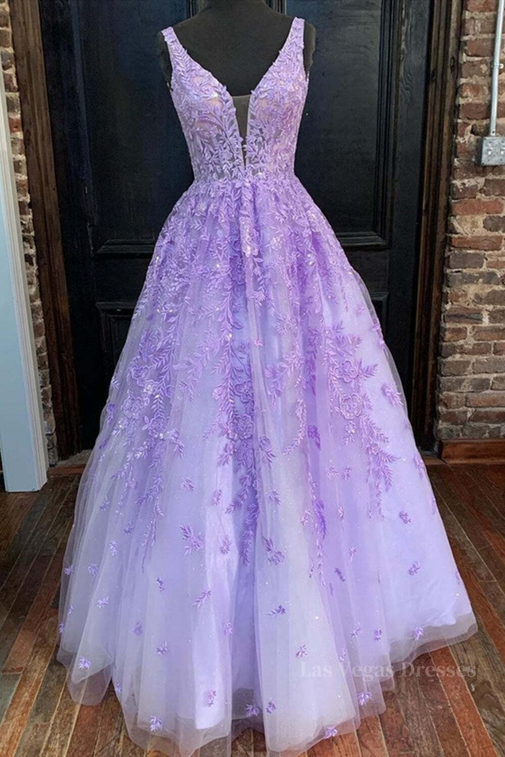 Deep V Neck Purple Lace Long Prom Dresses, Purple Lace Formal Dresses, Purple Evening Dresses
