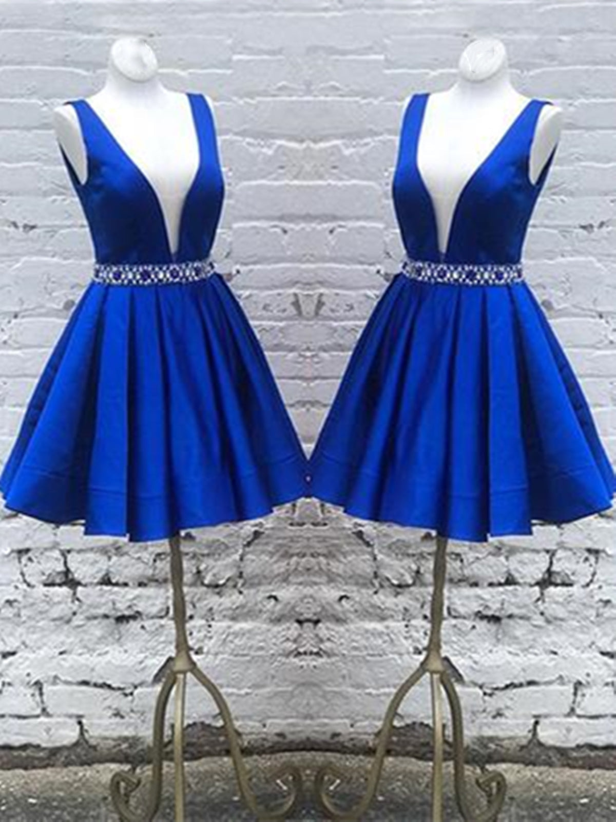 Deep V Neck Royal Blue Short Satin Prom Dresses, Royal Blue V Neck Short Formal Homecoming Dresses