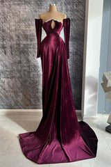 Designer Burgundy Velvet Long Sleeves Prom Dress With Train,Gala Dresses Elegant