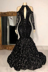 Dignified Black Halter Long Sleeve Transparent Lace Sequin Mermaid Prom Dresses