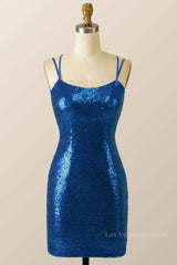 Double Straps Royal Blue Sequin Tight Mini Dress