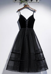 Black Velvet Tulle Short Prom Dresses, A-Line Party Dresses